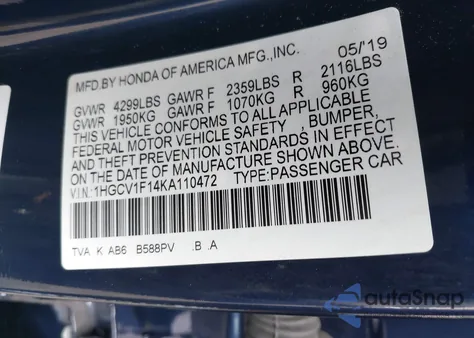 2019 Honda Accord Lx из США, поврежденный, VIN 1HGCV1F14KA110472